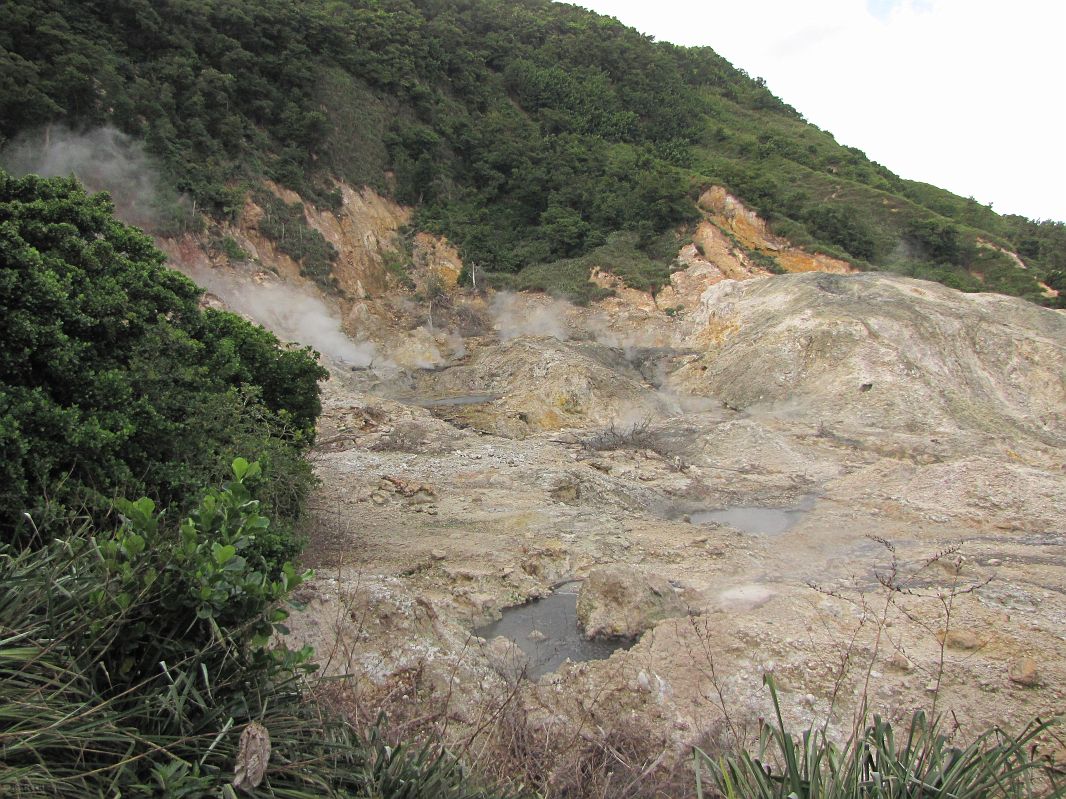 Różne kolory krateru spowodowane są przez związki siarki, miedzi, żelaza, ołowiu i węgla. St. Lucia